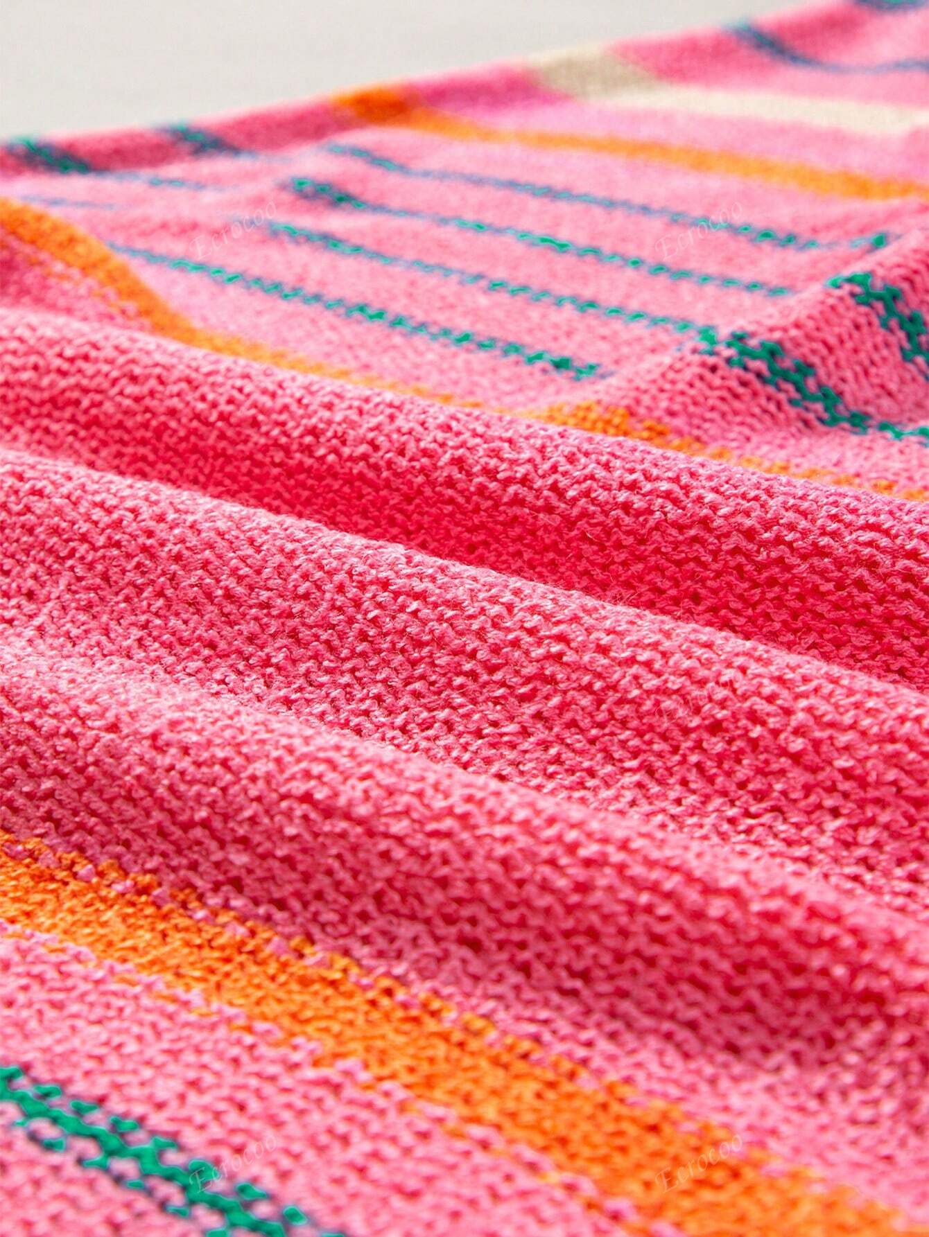 Women's Striped Detail Wide Sleeve Lightweight Knitted Sweater Pink