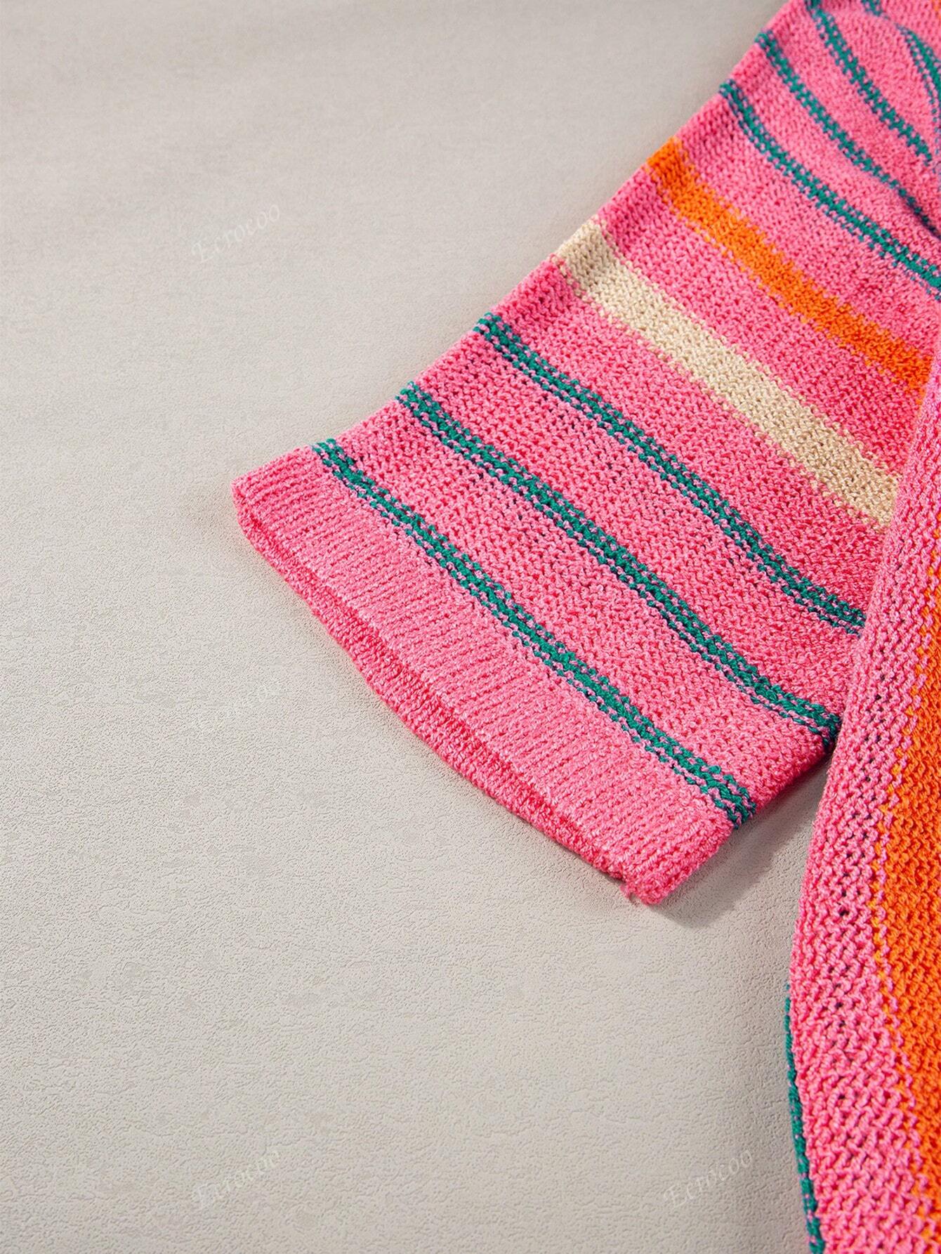 Women's Striped Detail Wide Sleeve Lightweight Knitted Sweater Pink