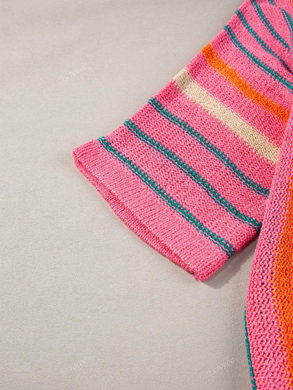 Women's Striped Detail Wide Sleeve Lightweight Knitted Sweater Pink