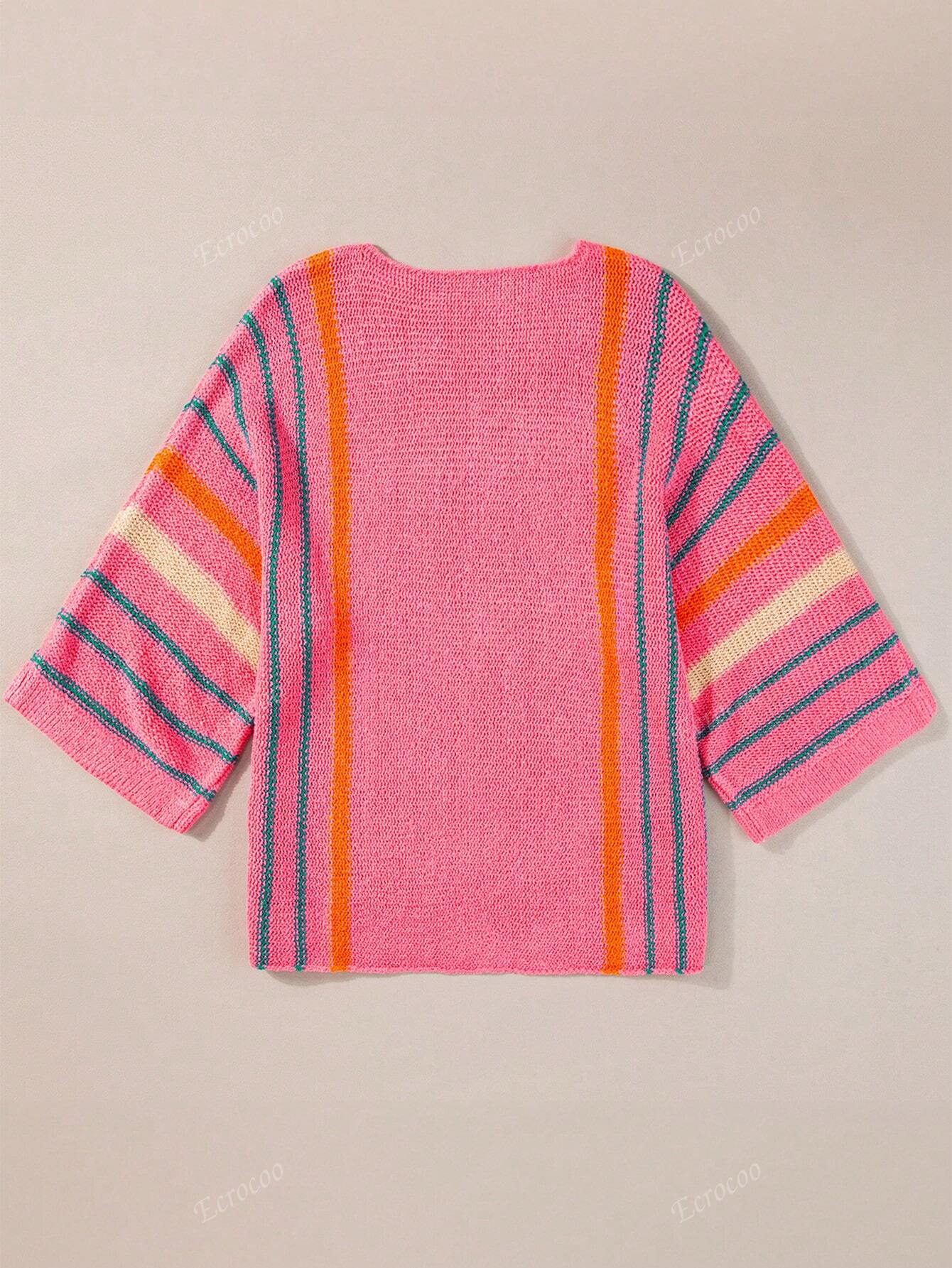 Women's Striped Detail Wide Sleeve Lightweight Knitted Sweater Pink